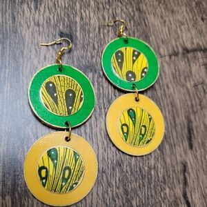 HAND CRAFTED Green & Yellow Peacock Wooden Dangle Earrings